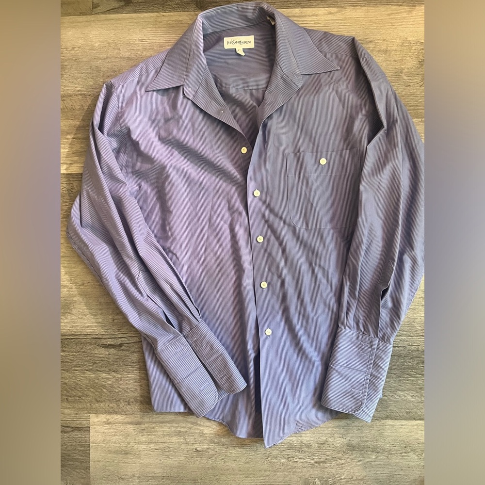 Vintage Yves Saint Laurent Blue Long Sleeve Button Down Size‎ 32/33 15 1/2 EUC
